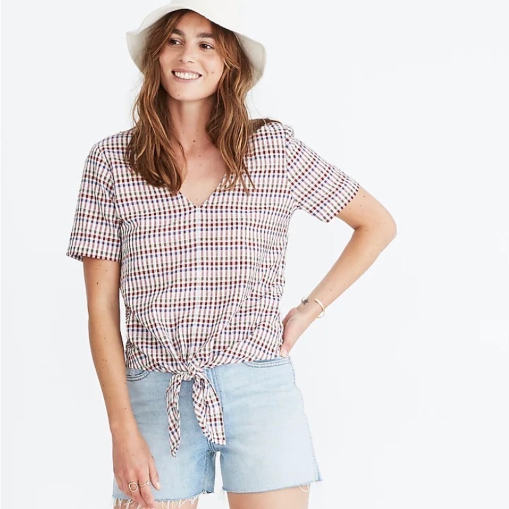 Novel Tie-Front Top in Rainbow Gingham Check